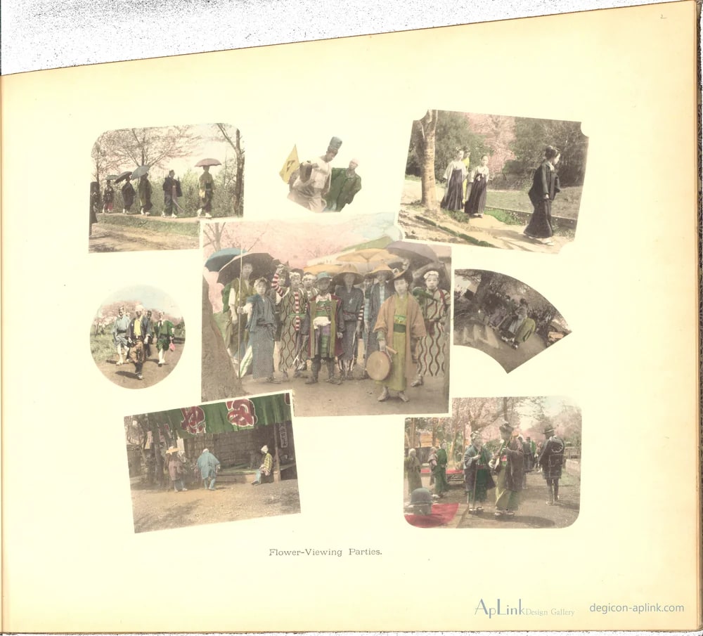 Acht voorstellingen van een groep mensen die een tuin bezoeken — 日本（幕末・明治）の手彩色写真