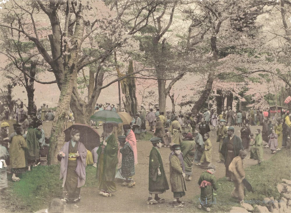 Groep mensen tussen de Japanse sierkersen in Uenopark in Tokyo, Japan — 日本（幕末・明治）の手彩色写真